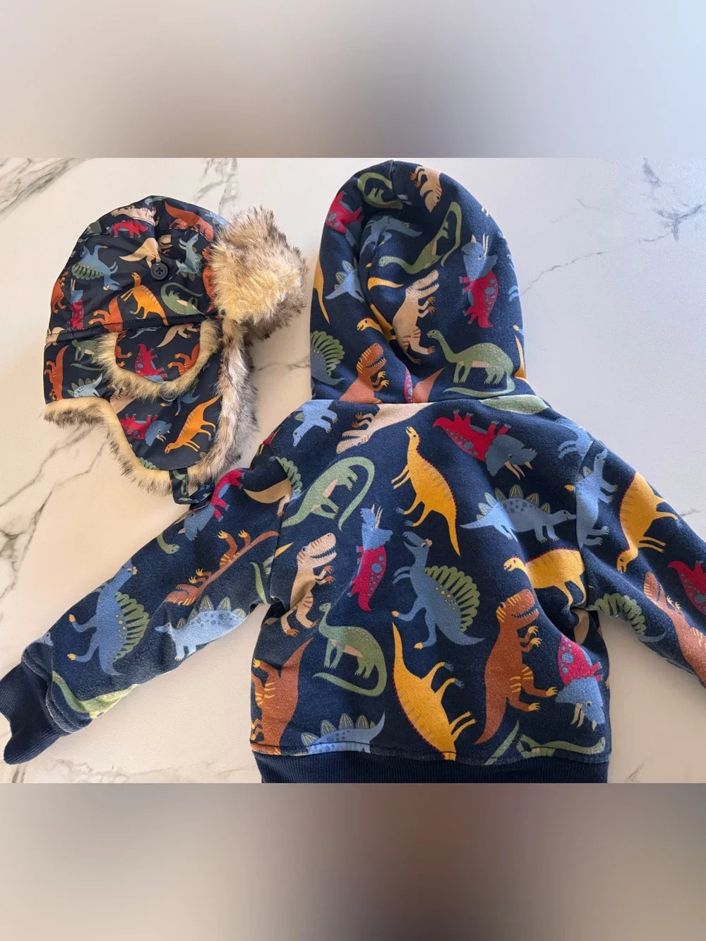 The Children's Place Navy Dino Fleece Hoodie Set w/ Faux-Fur Trapper Hat